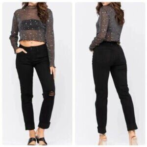 Judy Blue Black Denim Slim Fit High Rise Distressed Raw Hem  Cigarette Jeans 22